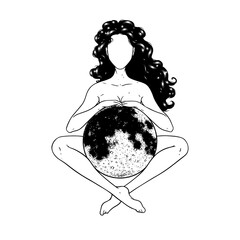 Beautiful woman meditating with full moon, goddess symbol. Vector illustration