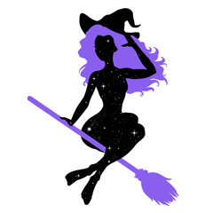 Sticker - Witch silhouette riding the broom, sexy woman, vector illustration