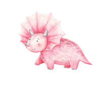 Cute Cartoon Pink Dinosaur With Short Legs And Horns, Childrens Watercolor Illustration, Print Design, Stickers