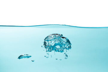 Air bubble and water splash,Water splash isolated on blue and white  background.