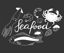 Seafood Doodle Chalk Board Illustration. Crab And Shrimp, Fish, Oyster And Octopus Tentacles Line Collection, Ocean Products For Cafe, Restaurant Menus Goods Packaging Vector White Objects On Black