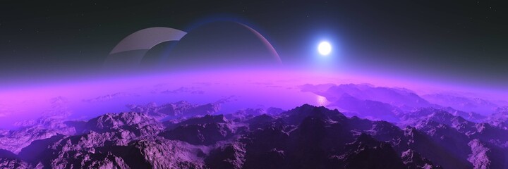 Wall Mural - alien planet at sunset, alien landscape at the rising of a star, 3D rendering