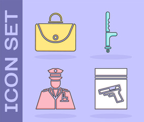 Wall Mural - Set Evidence bag and pistol or gun, Briefcase, Police officer and Police rubber baton icon. Vector.