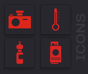 Sticker - Set Passport with ticket, Photo camera, Meteorology thermometer and Bottle of water icon. Vector.