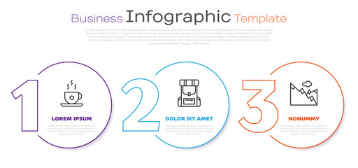 Canvas Print - Set line Coffee cup, Hiking backpack and Mountains. Business infographic template. Vector.