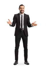 Full length portrait of a happy young businessman gesturing with hands