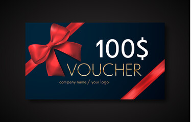 Poster - Gift voucher with red ribbon and bow. Discount gift cards template. Vector illustration