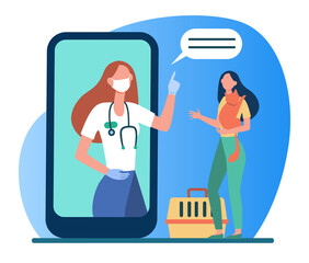 Wall Mural - Veterinarian on smartphone screen consulting woman with cat. Vet, online, consultation flat vector illustration. Domestic animals and veterinary concept for banner, website design or landing web page