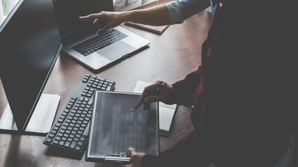 Wall Mural - programmer working in a software development and coding technologies. website design. technology con