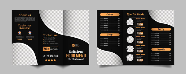 Wall Mural - Food trifold brochure menu template. fast food menu brochure for restaurant with black color