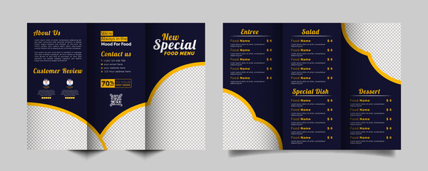 Wall Mural - Food trifold brochure menu template. fast food menu brochure for restaurant with dark color