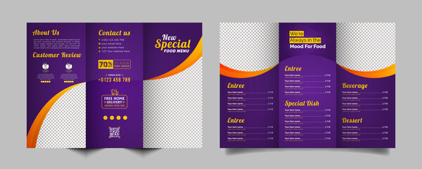 Wall Mural - Food trifold brochure menu template. fast food menu brochure for restaurant with purple color