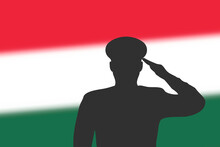 Solder Silhouette On Blur Background With Hungary Flag.