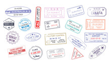 Stamp In Passport For Traveling An Open Passport. International Arrival Visa Stamps Vector Mexico, Australia, Hong Kong, Canada,USA, New York, Hawaii, Paris, Hanover