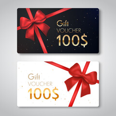 Wall Mural - gift voucher with red ribbon and bow. discount gift cards template. vector illustration
