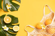 © Kotkoa - Fresh oranges in a eco bag. Cutted citrus fruit for healthly food.