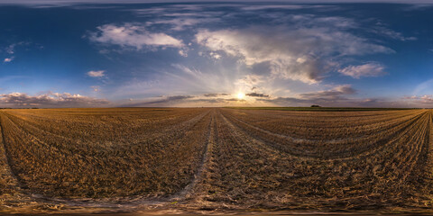 Wall Mural - full seamless spherical hdri panorama 360 degrees angle view on among farm fields in autumn evening with awesome clouds in equirectangular projection, ready for VR AR virtual reality content