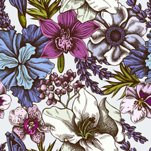Seamless Pattern With Hand Drawn Colored Anemone, Lavender, Rosemary Everlasting, Phalaenopsis, Lily, Iris