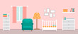 © Julia - Cozy interior of the nursery. Children's room with furniture for the girl. Room design for newborn. Changing table, crib and other items for a newborn. Vector illustration in a flat style.