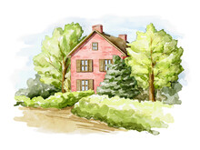 Summer Landscape With Country House, Lawn And Trees Isolated On White Background. Watercolor Hand Drawn Illustration