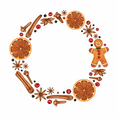 Wreath with watercolor mulled wine spices and gingerbread man for Christmas decoration, design holiday menu, hot drink recipe, greeting card, poster, invitation. Winter frame, copy space 