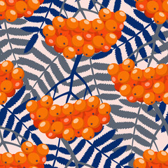 Wall Mural - Autumn seamless pattern with colorful handdrawn rowanberries. Vector illustration.