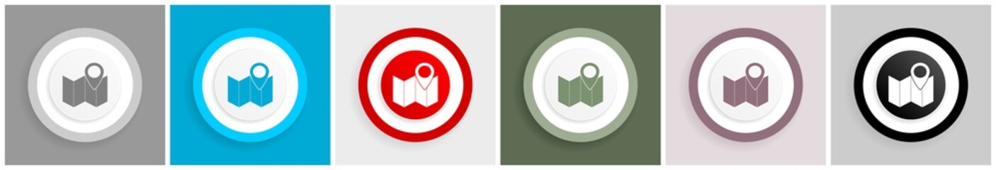 Aufkleber - Marker, map, location and travel icon set, colorful flat design vector illustrations in 6 options for web design and mobile applications