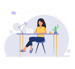 Work at home flat. Home office concept. A woman working from home, student or freelancer.