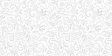 Vector Seamless Pattern With Leaves And Curls. Monochrome Abstract Floral Background. Stylish Monochrome Texture.