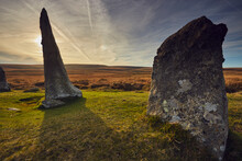 Ancient Prehistoric Standing Stones In A Stone Circle, Scorhill Stone Circle, Dartmoor National Park, Devon, England, United Kingdom