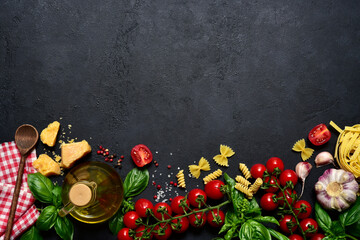 Wall Mural - Culinary background with traditional ingredients of italian cuisine. Top view with copy space.