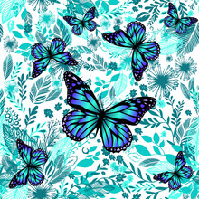 Blue Floral Background With Butterflies. Beautiful Background Print For Fabric. Vector Illustration