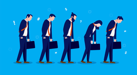 Tired businesspeople - five men and women exhausted from the stress at work. Walking in line with head hanging down. Exhausting work and overworked employees concept. Vector illustration.