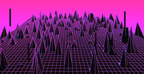 Poster - Abstract technology background with warped and distorted laser grid. Vaporwave and synthwave style illustration like in old video arcade games.