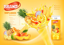 Mulitivitamin Juice With Fresh Exotic Fruits And Splashing Liquid.Whole And Sliced Pineapple, Orange, Peach, Banana And Dragon Fruit In A Sweet Juice With Splashes. Vector.