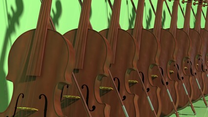 Ten classic violins standing in line under green background. 3D sketch design and illustration. 3D high quality rendering.