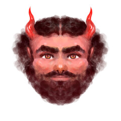 illustration of a hand-drawn faun, portrait of a mythological creature, a man with horns, a beard and red eyes. Demonic cute image.