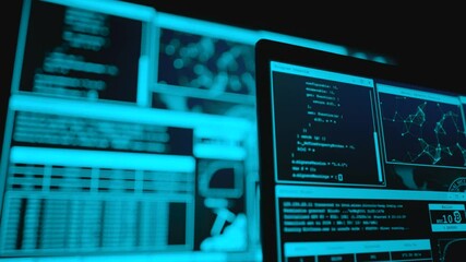 Writing programming code on laptop. Web site codes on computer monitor. Technology background. Software background. Programmer workplace. Abstract screen of software. Blockchain concept
