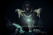 Dark sorceress casting a magic spell with a human skull