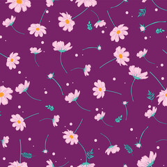 Wall Mural - floral seamless pattern with cosmos flower. cute hand drawing flowers on purple background design.