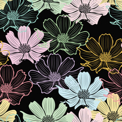 Wall Mural - floral seamless pattern with cosmos flower. pastel outline flowers on black background design.