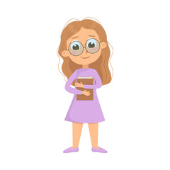 Wall Mural - Cute Intelligent Girl in Glasses Standing with Book, Education and Knowledge Concept Cartoon Style Vector Illustration