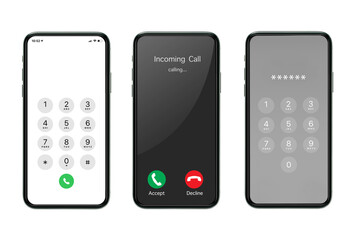 Incoming call phone screen interface. display keypad with numberst for mobile phone and slide to answer, accept button, decline button. Unlock screen. smartphone mockup isolated 