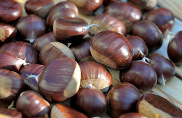 Wall Mural - close on a group of sweet fresh chestnuts on a plank