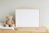 Horizontal wooden frame mockup for neutral nursery to showcase artwork, photo, print, empty frame, toy bear, wooden shelf.