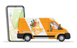 © absent84 - Delivery van full of food and smartphone. Concept of fast grocery delivery service. Supermarket, cafe, restaurant. Groceries products, bread, meat milk fruit vegetable drinks. Flat vector illustration