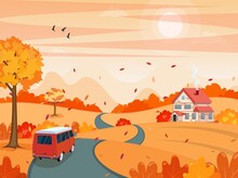 Autumn Fall Cartoon Landscape With A Car On The Road Background. Trees And Hills On The Plain. Vector Illustration In Flat Style.
