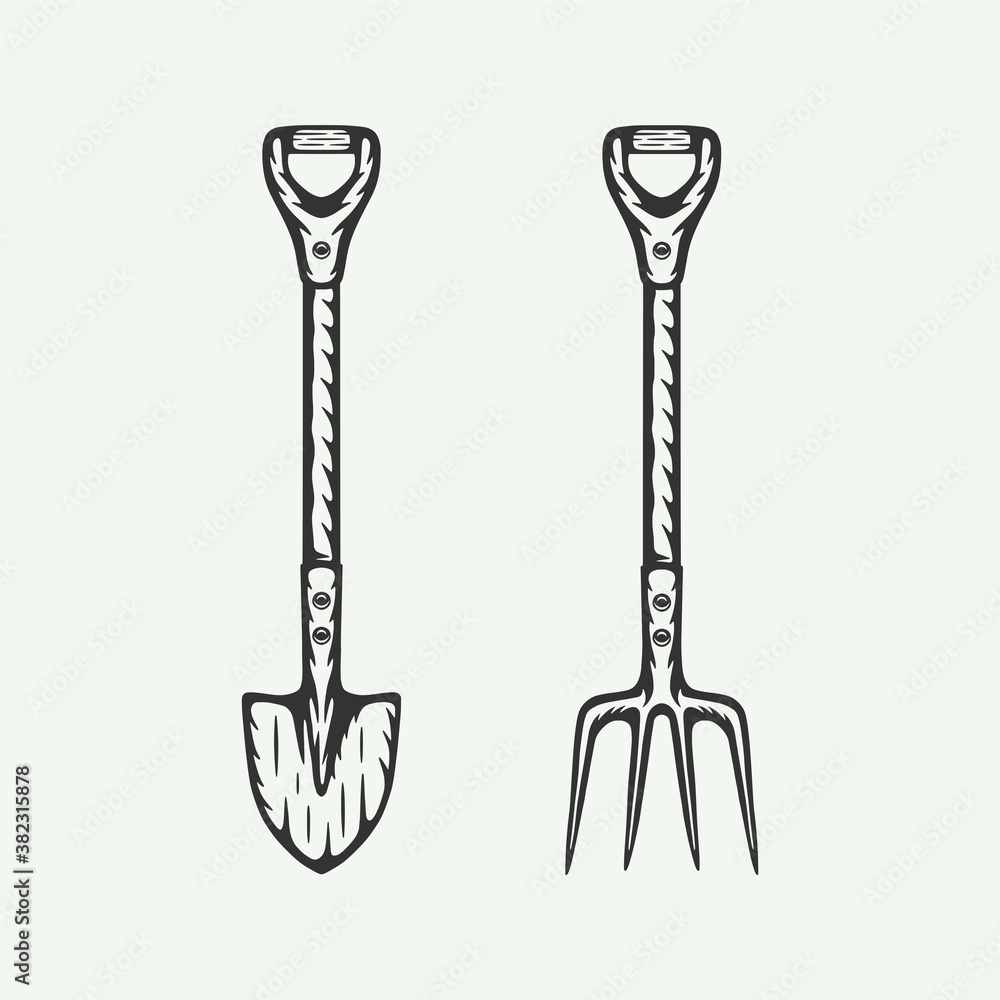 Vintage retro woodcut farmer garden tools shovel and pitchfork. Can be used  like emblem, logo, badge, label. mark, poster or print. Monochrome Graphic  Art. Vector Illustration.. Stock Vector | Adobe Stock, image size:1000x1000