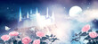 Fantasy fairytale photo background of beautiful fairy pink rose flower garden and butterflies, magical castle in blue night sky, shining stars and glowing moon. Idyllic tranquil fabulous mystic scene.