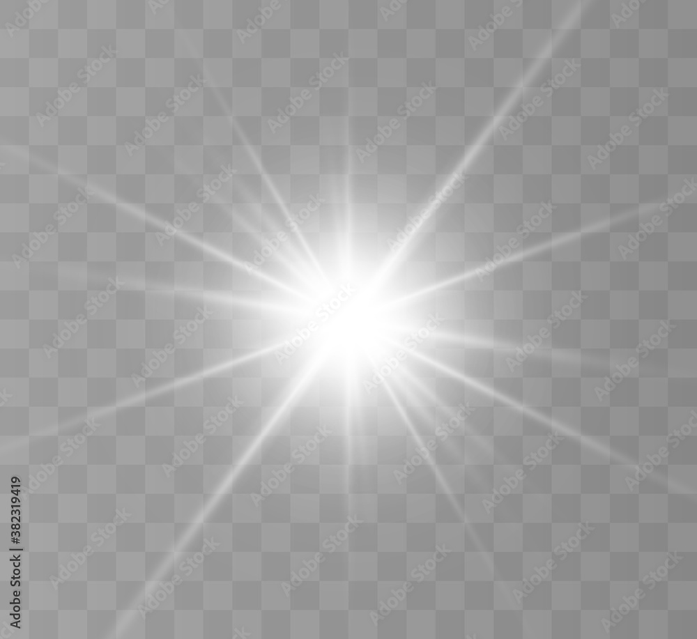 White glowing light explodes on a transparent background. Bright Star. Transparent shining sun, bright flash. Vector graphics.	 - obrazy, fototapety, plakaty 